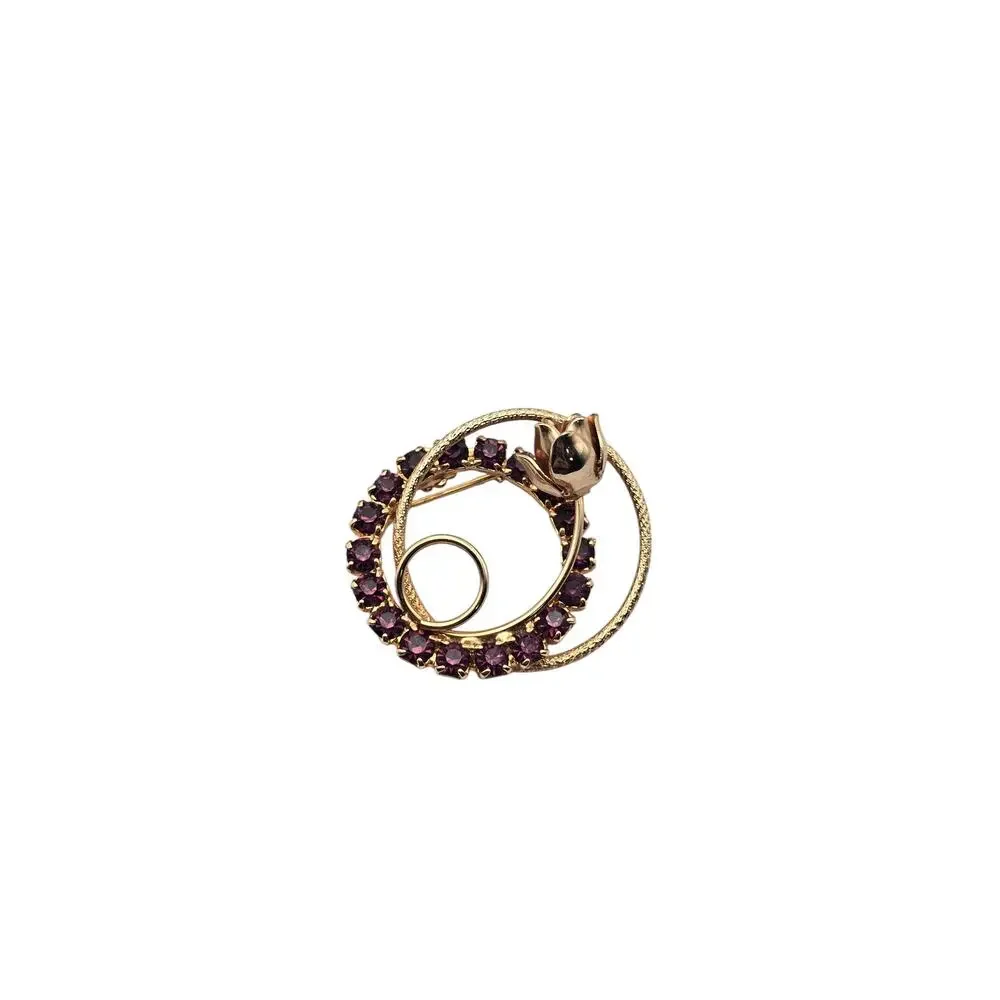Amethyst Rhinestone Rose Circle Floral Vintage Brooch Elegant Mid-Century